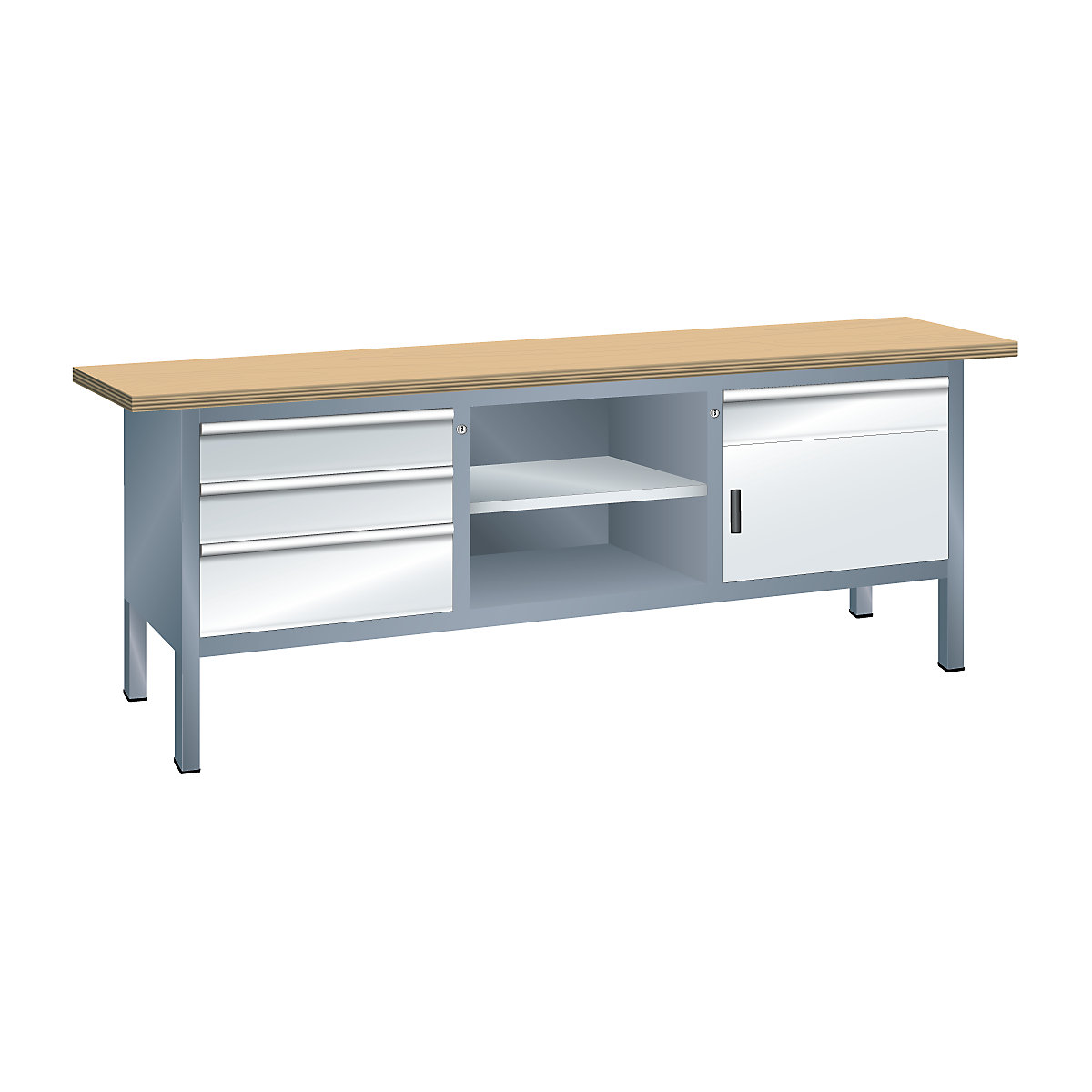 Stół warsztatowy, konstrukcja ramowa – LISTA, szer. 2000 mm, 4 szuflady, 1 drzwi, korpus szary metallic, front jasnoszary-3