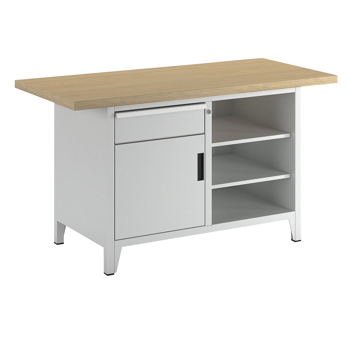 Stół warsztatowy, szerokość 1500 mm, konstrukcja ramowa – LISTA, 3 półki, 1 szuflada, 1 drzwi, korpus jasnoszary, front jasnoszary-2