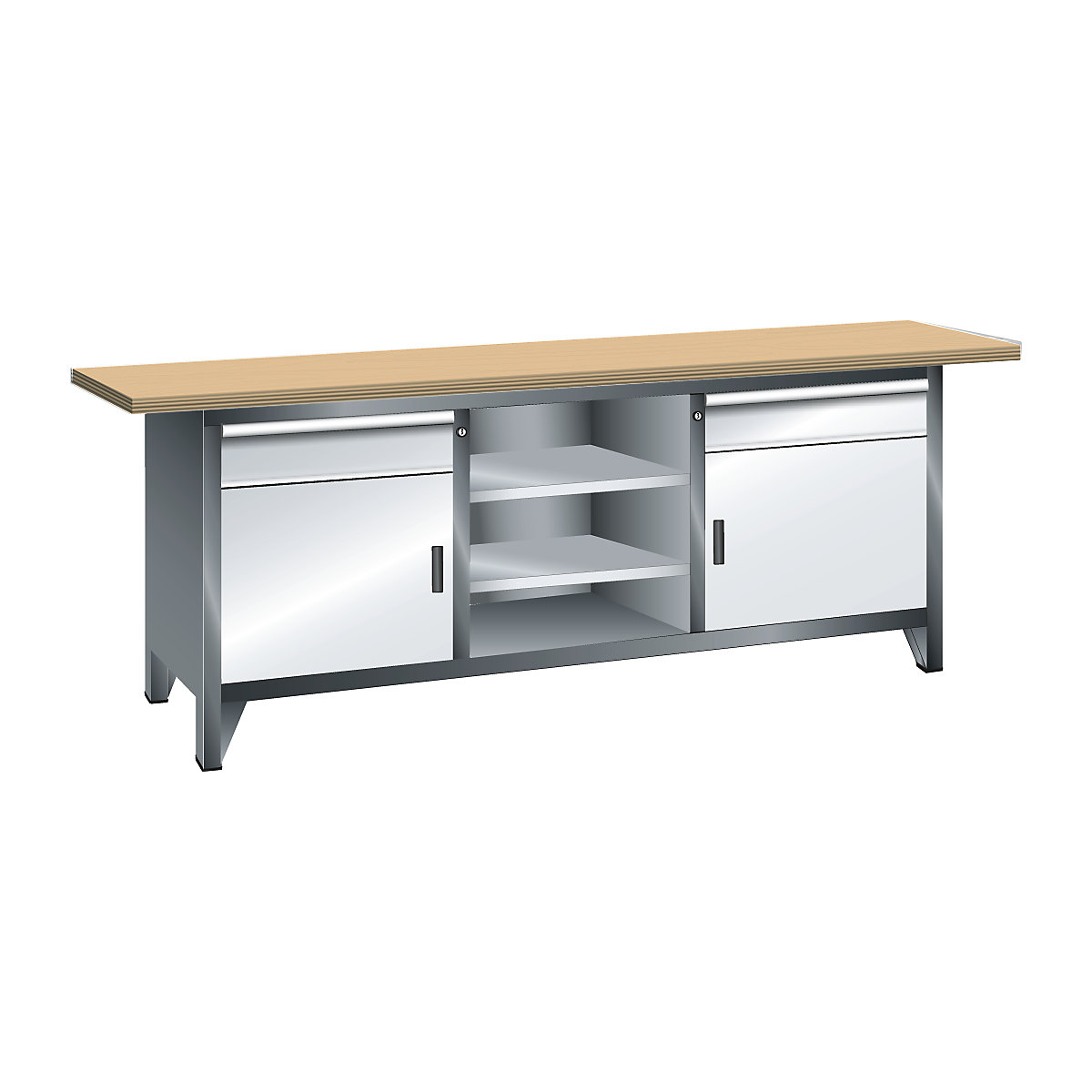 Stół warsztatowy, szerokość 2000 mm, konstrukcja ramowa – LISTA, 2 szuflady, 2 drzwi, 4 półki, korpus szary metallic, front jasnoszary-9