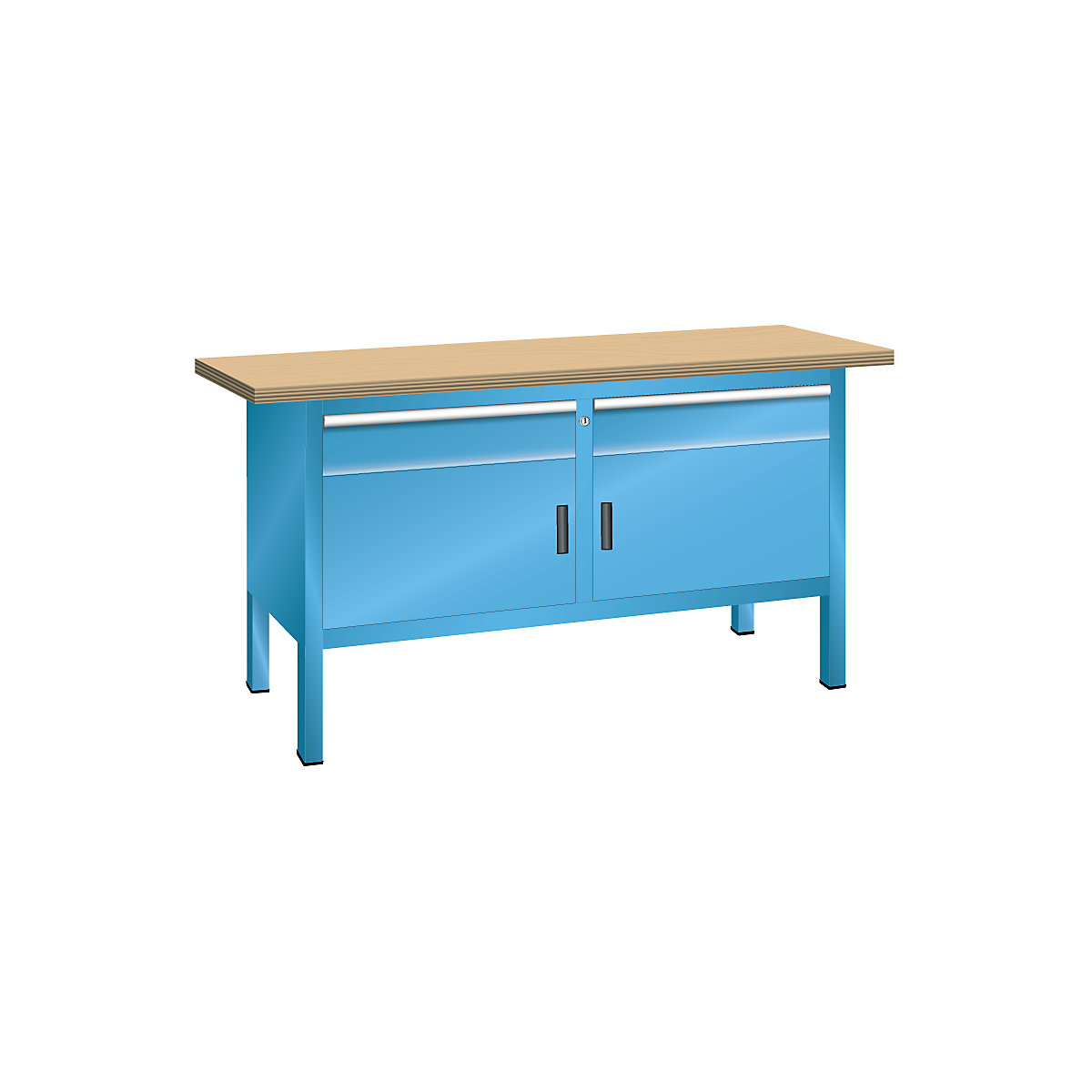 Stół warsztatowy z blatem z litego buku, konstrukcja ramowa – LISTA, szer. 1500 mm, 2 szuflady, 2 drzwi, korpus jasnoniebieski, front jasnoniebieski-2