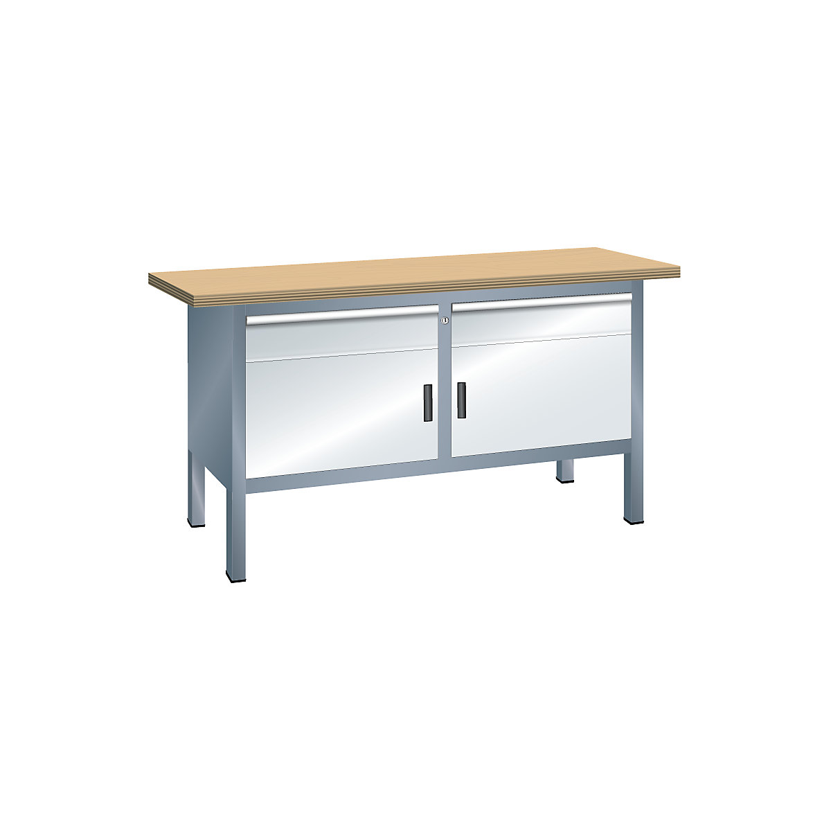 Stół warsztatowy z blatem z litego buku, konstrukcja ramowa – LISTA, szer. 1500 mm, 2 szuflady, 2 drzwi, korpus szary metallic, front jasnoszary-3