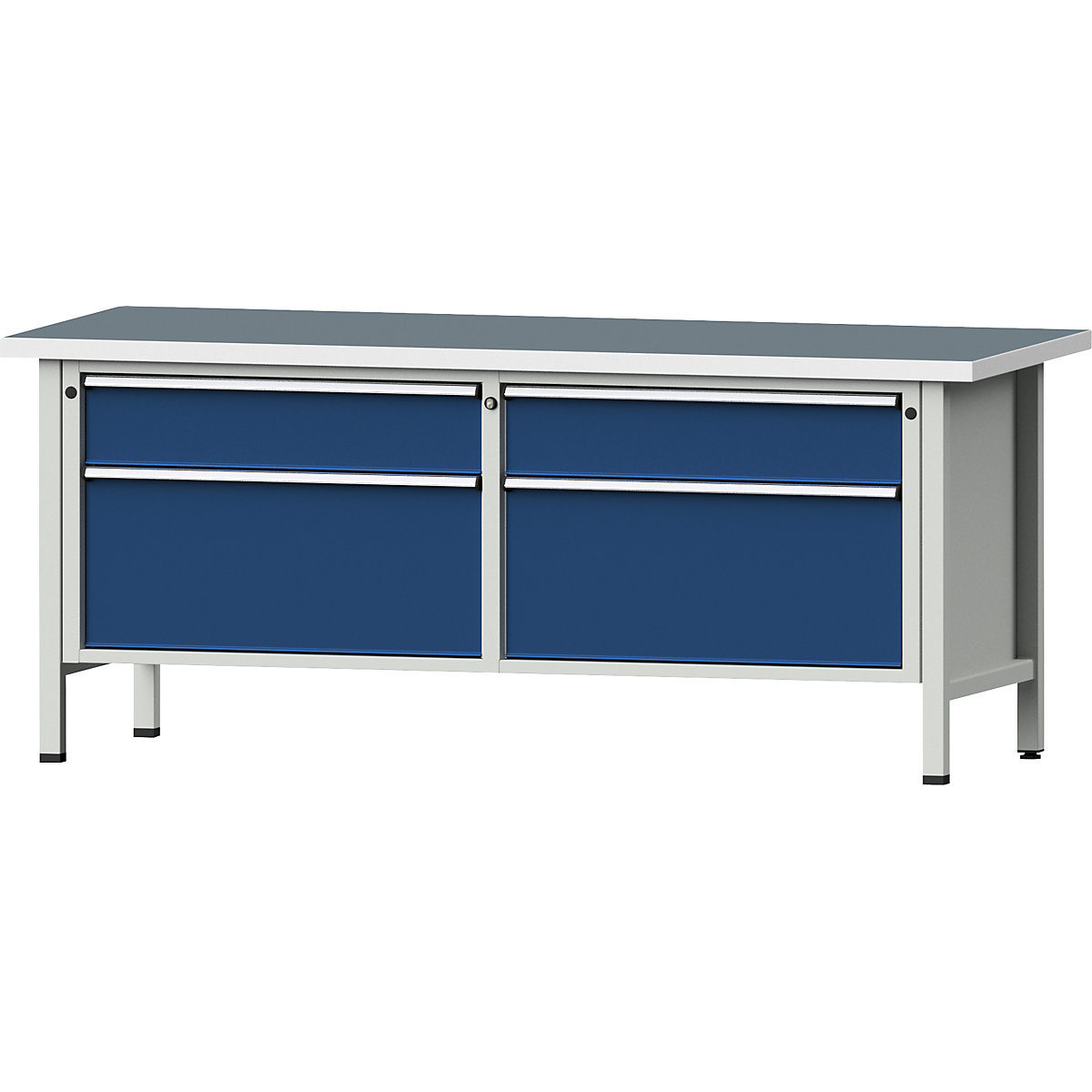 Stół warsztatowy z szufladami XL/XXL, konstrukcja ramowa – ANKE, szer. 2000 mm, 4 szuflady, blat uniwersalny, front niebieski gencjanowy-9