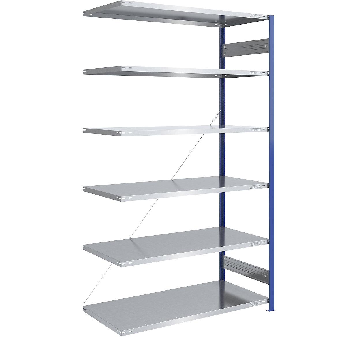 Boltless shelving unit, light duty – eurokraft pro, single-sided, HxWxD 2500 x 1300 x 800 mm, blue/zinc plated, extension shelf unit-66
