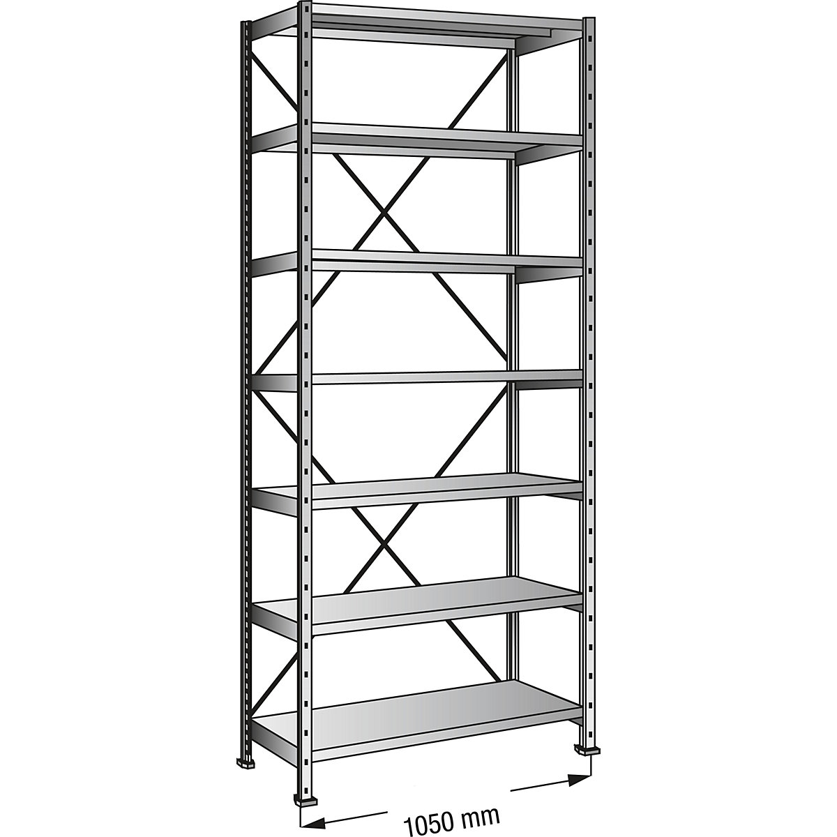 Boltless shelving unit, zinc plated, 7 shelves
