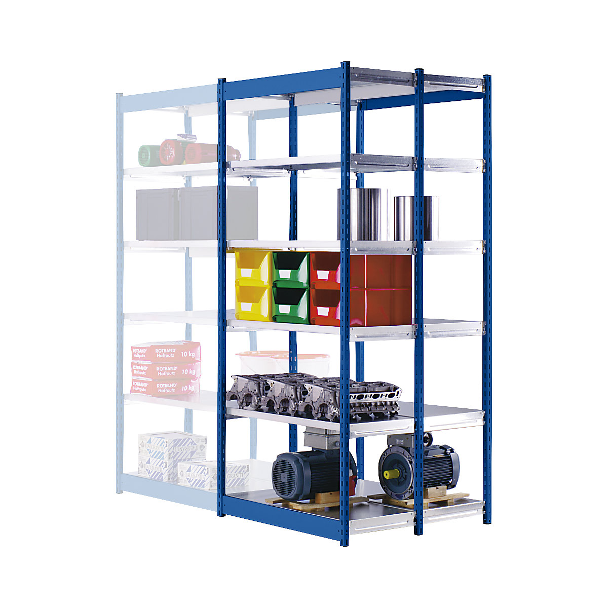 Stable boltless shelf unit, double sided – hofe, shelf unit height 2000 mm, blue / zinc-plated, shelf width 1025 mm, basic shelf unit, width x depth 1025 x 500 mm-123
