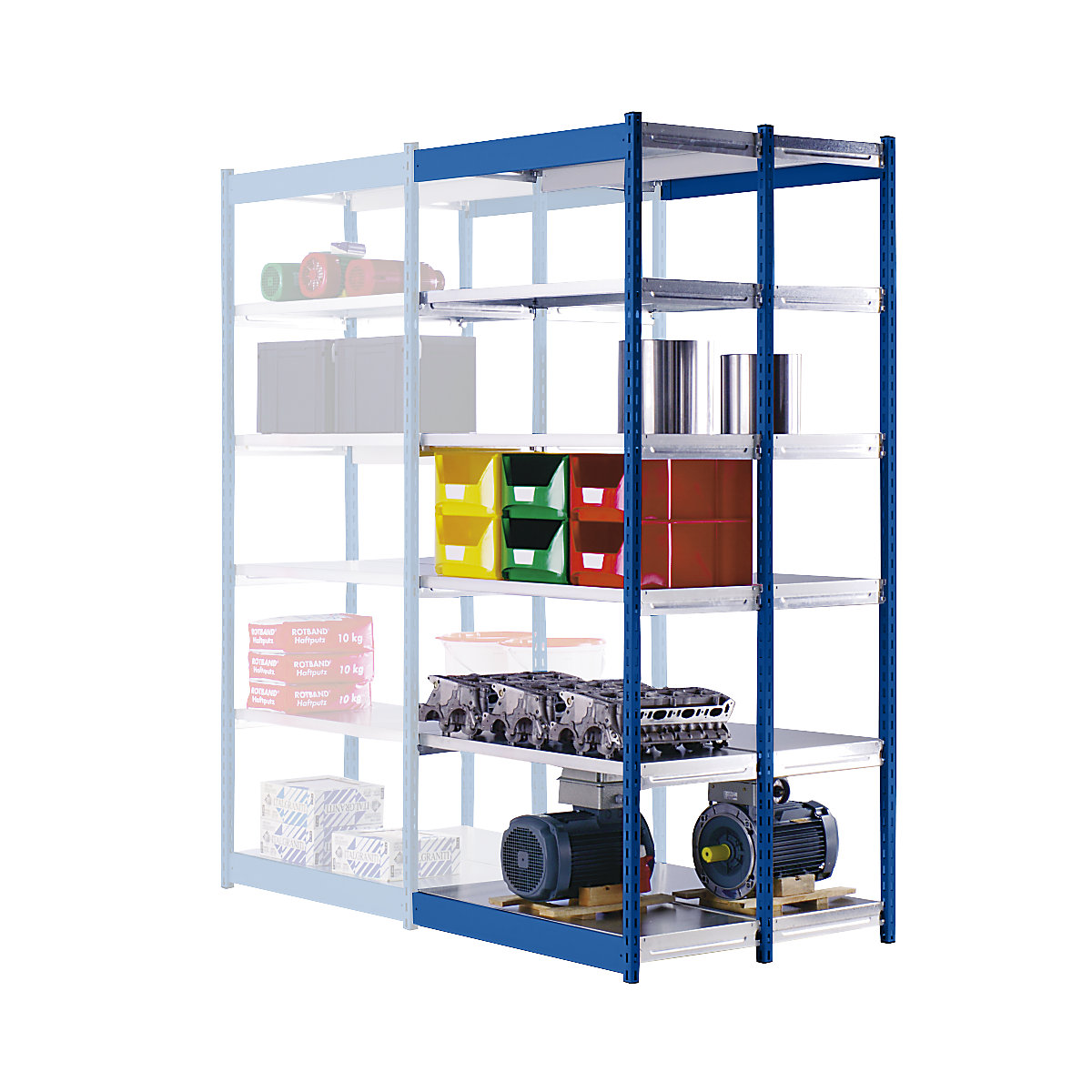 Stable boltless shelf unit, double sided – hofe, shelf unit height 2000 mm, blue / zinc-plated, shelf width 1025 mm, extension shelf unit, width x depth 1025 x 500 mm-57