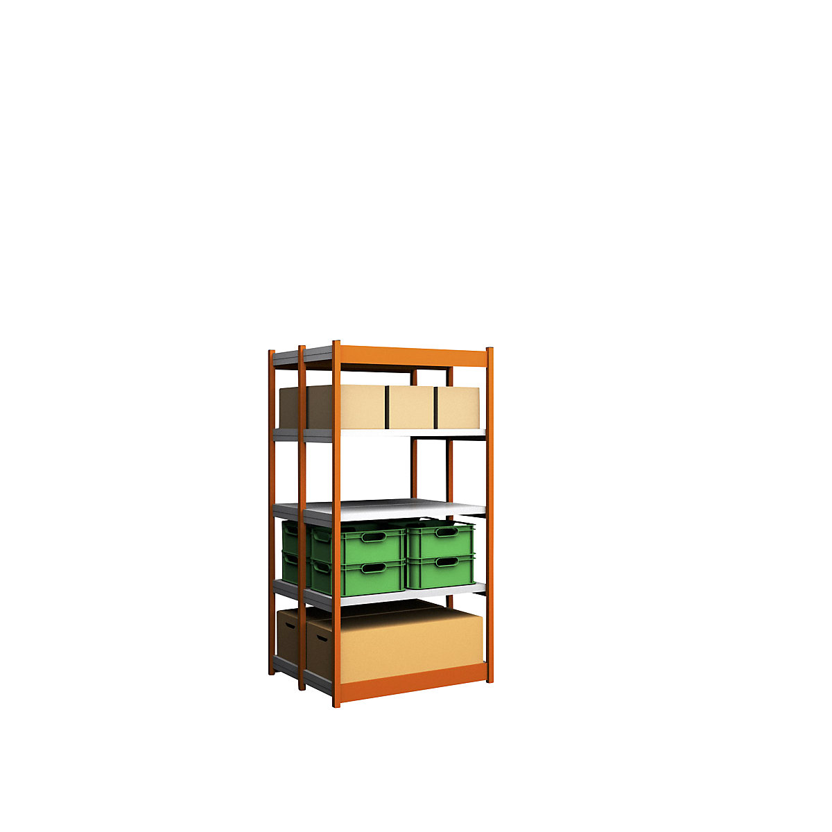 Stable boltless shelf unit, double sided – hofe, shelf unit height 2000 mm, orange/zinc-plated, shelf width 1025 mm, basic shelf unit, width x depth 1025 x 400 mm-114