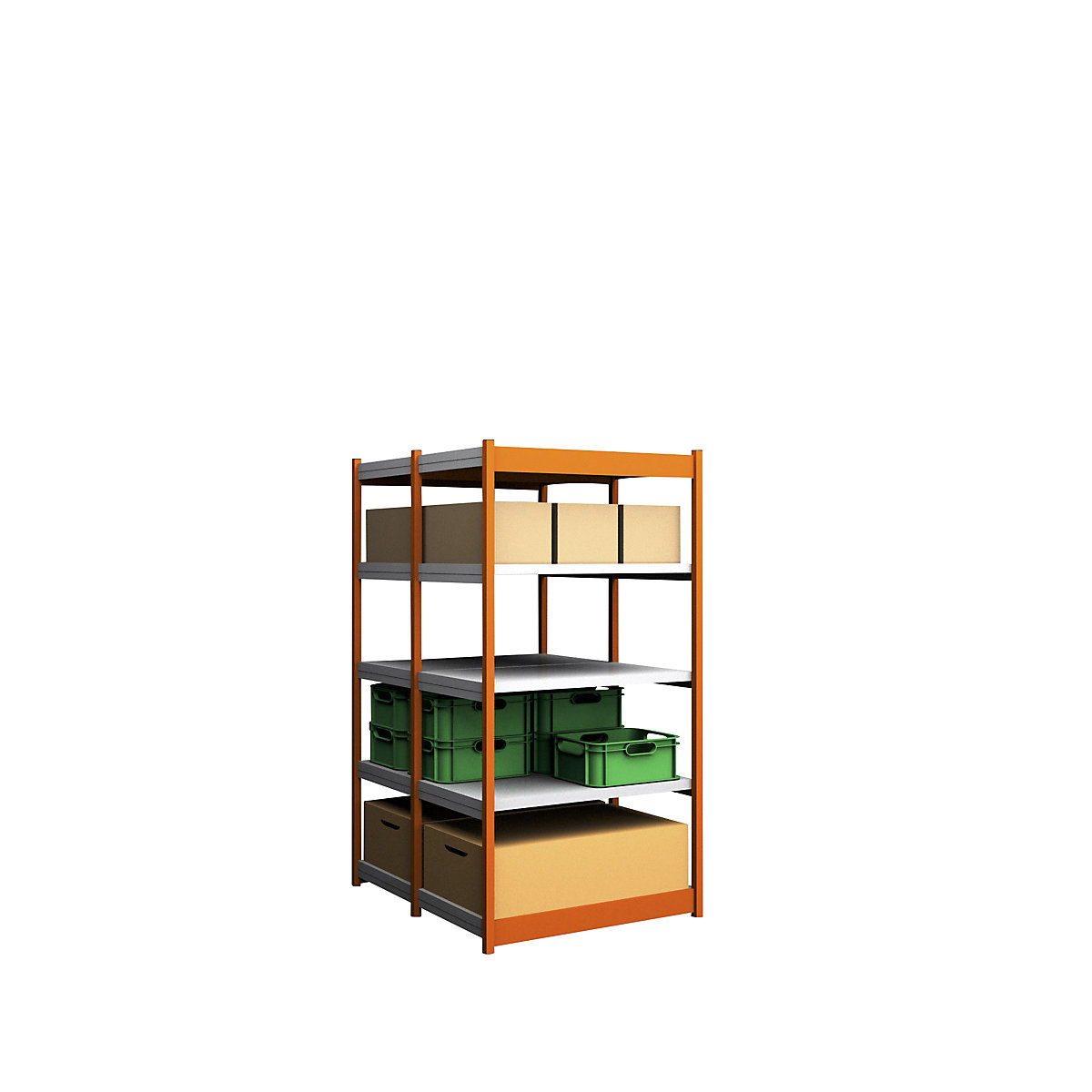 Stable boltless shelf unit, double sided – hofe, shelf unit height 2000 mm, orange/zinc-plated, shelf width 1025 mm, basic shelf unit, width x depth 1025 x 600 mm-103