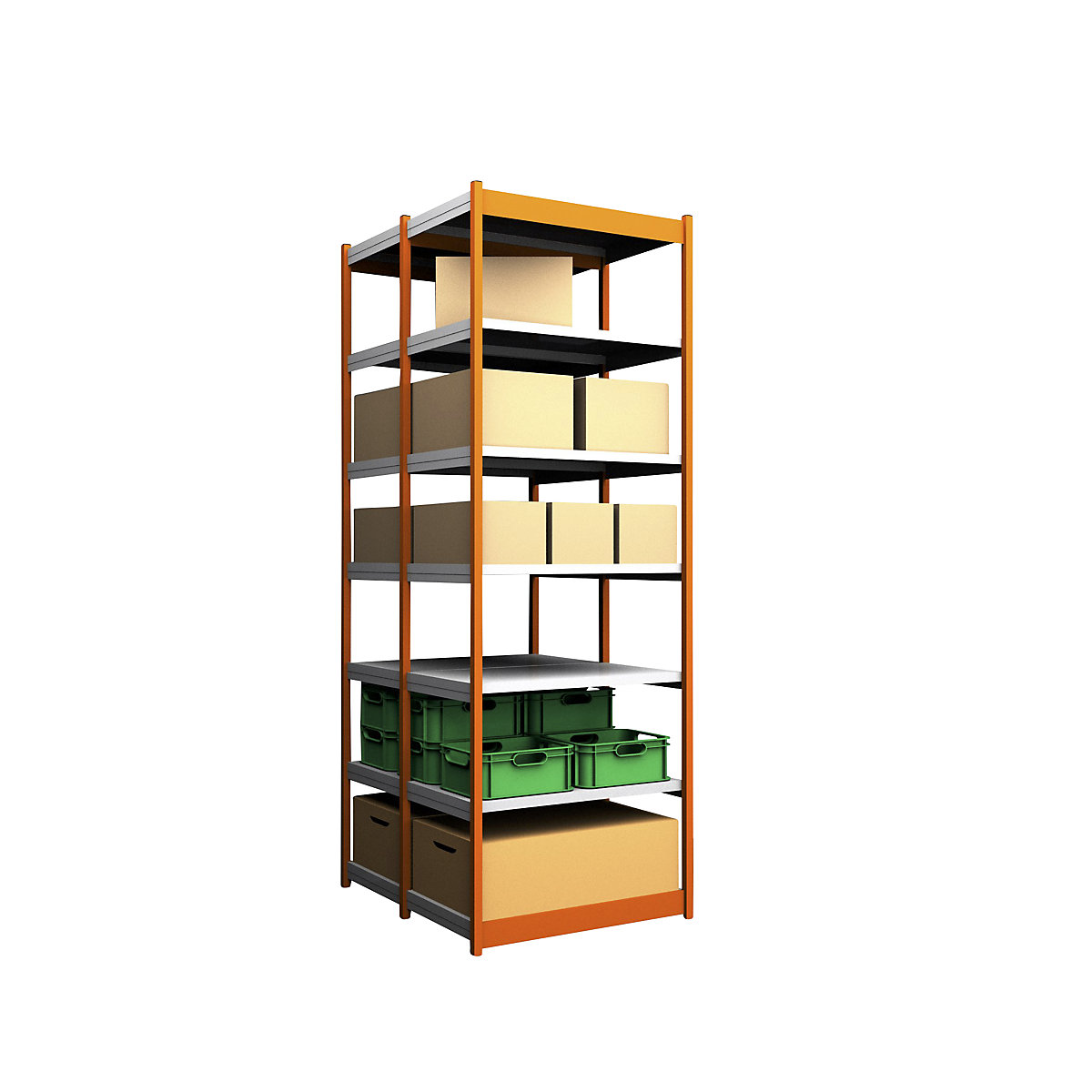 Stable boltless shelf unit, double sided – hofe, shelf unit height 3000 mm, orange/zinc-plated, shelf width 1025 mm, basic shelf unit, width x depth 1025 x 600 mm-128