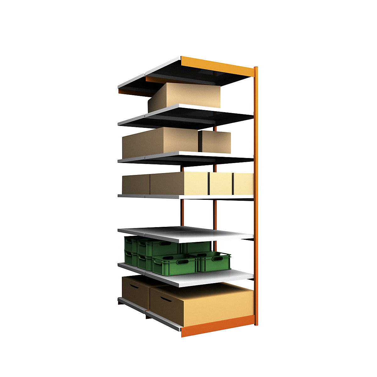 Stable boltless shelf unit, double sided – hofe, shelf unit height 3000 mm, orange/zinc-plated, shelf width 1025 mm, extension shelf unit, width x depth 1025 x 800 mm-97