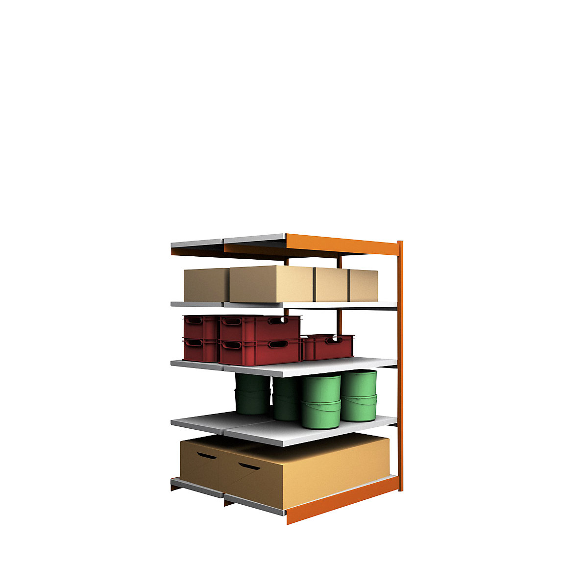 Stable boltless shelf unit, double sided – hofe, shelf unit height 2000 mm, orange/zinc-plated, shelf width 1325 mm, extension shelf unit, width x depth 1325 x 600 mm-93