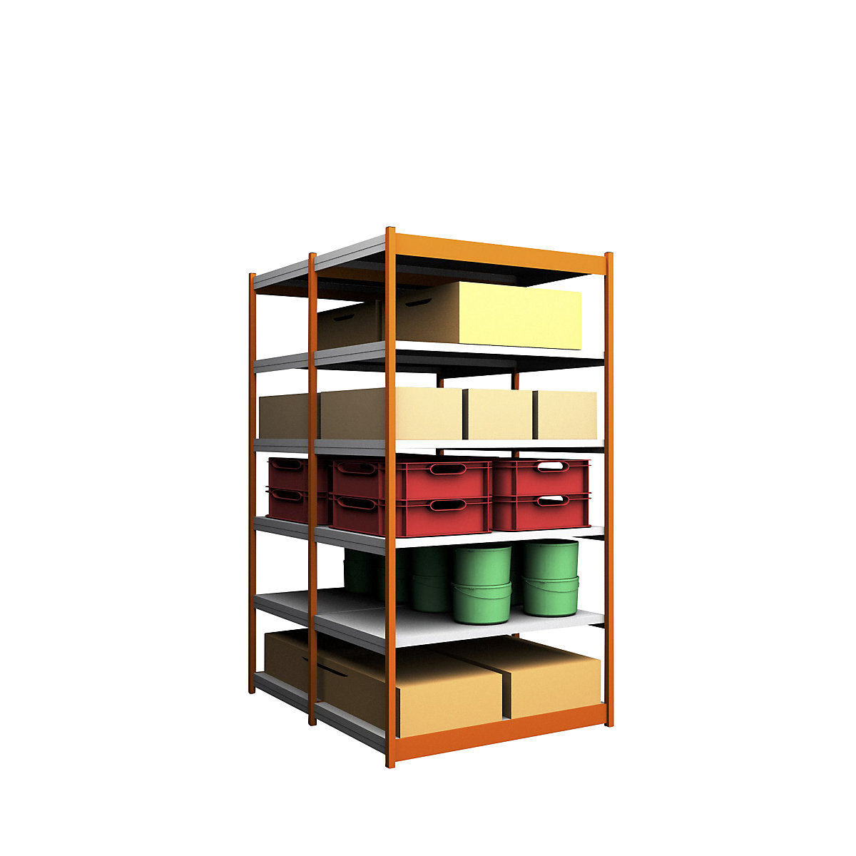 Stable boltless shelf unit, double sided – hofe, shelf unit height 2500 mm, orange/zinc-plated, shelf width 1325 mm, basic shelf unit, width x depth 1325 x 800 mm-45