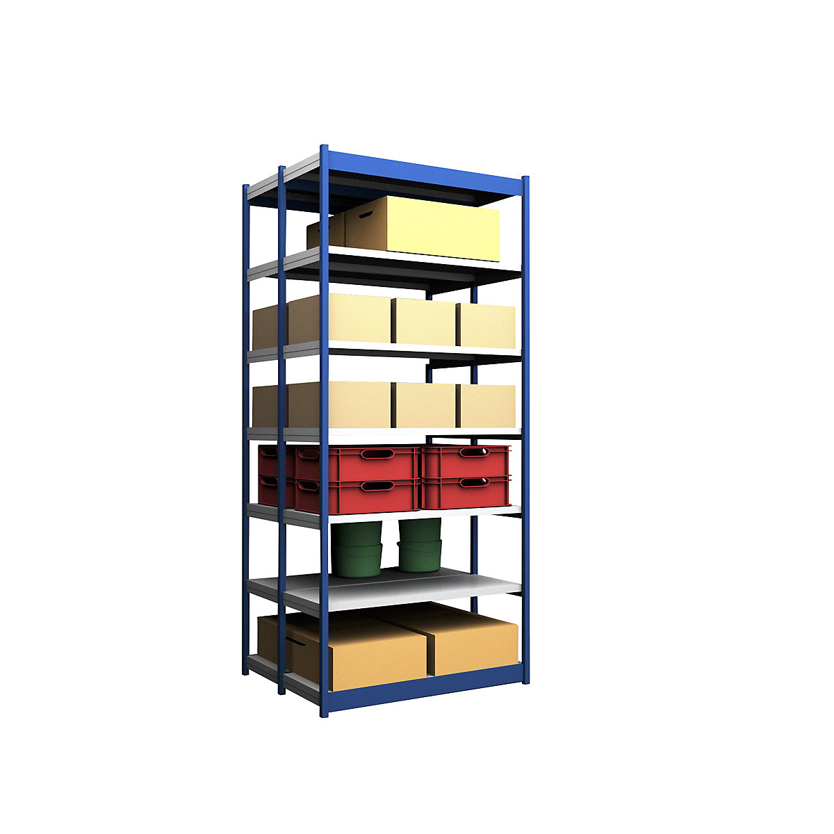 Stable boltless shelf unit, double sided – hofe, shelf unit height 3000 mm, blue / zinc-plated, shelf width 1325 mm, standard shelf unit, width x depth 1325 x 500 mm-82