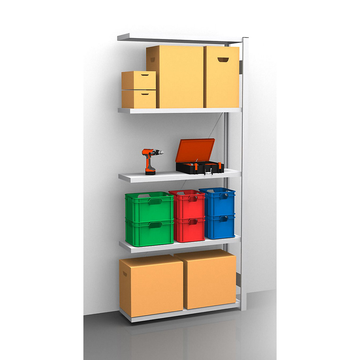 Standard boltless shelving unit, zinc plated – eurokraft pro, single sided, shelf height 2350 mm, shelf width 965 mm, extension shelf unit, shelf depth 350 mm-3