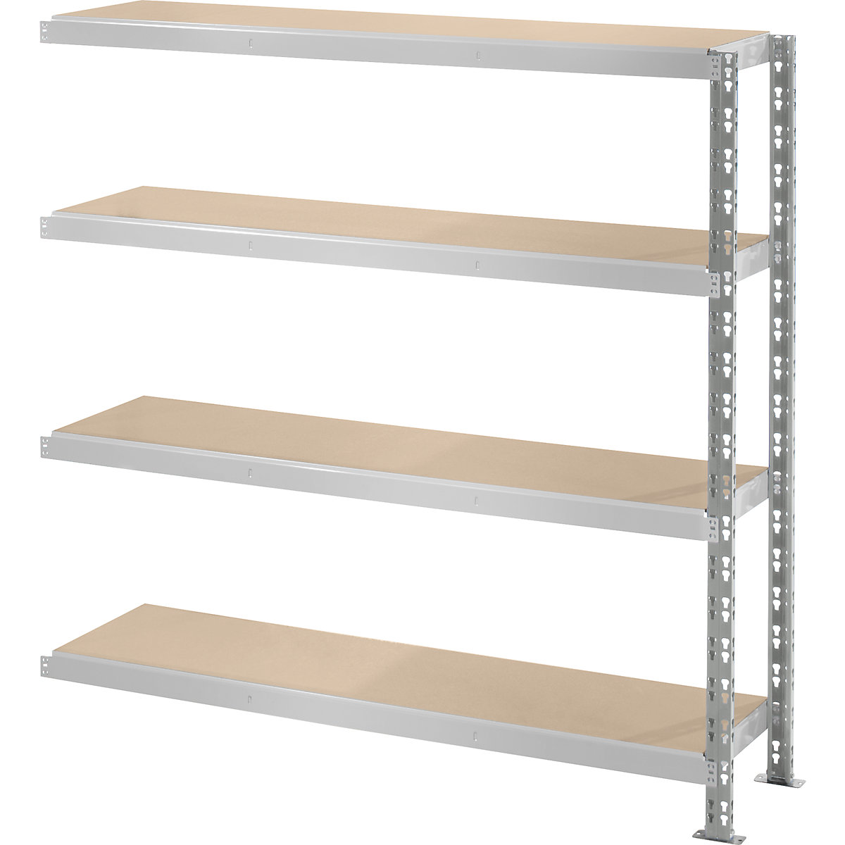 Wide span boltless shelf unit with moulded chipboard shelves