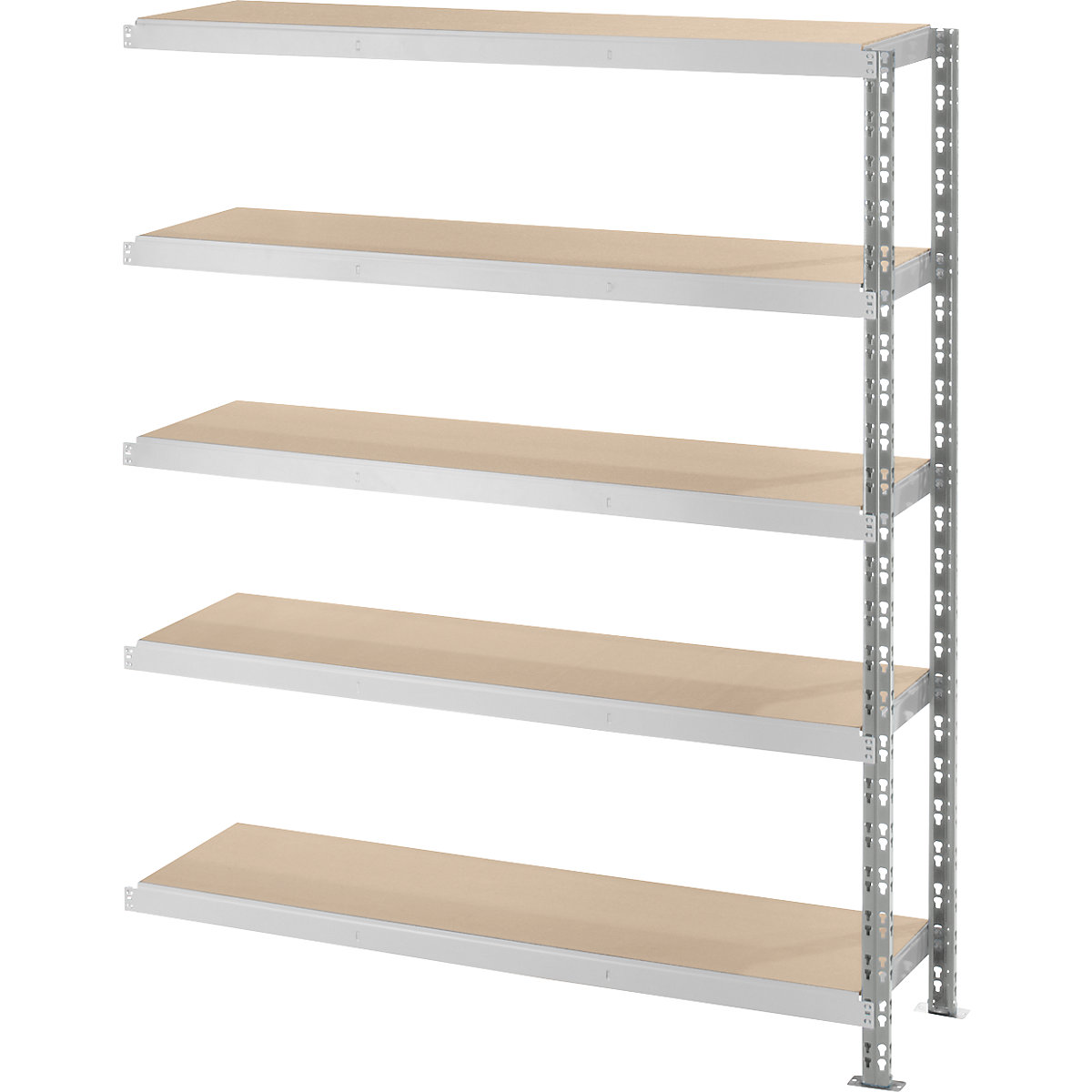 Wide span boltless shelf unit with moulded chipboard shelves