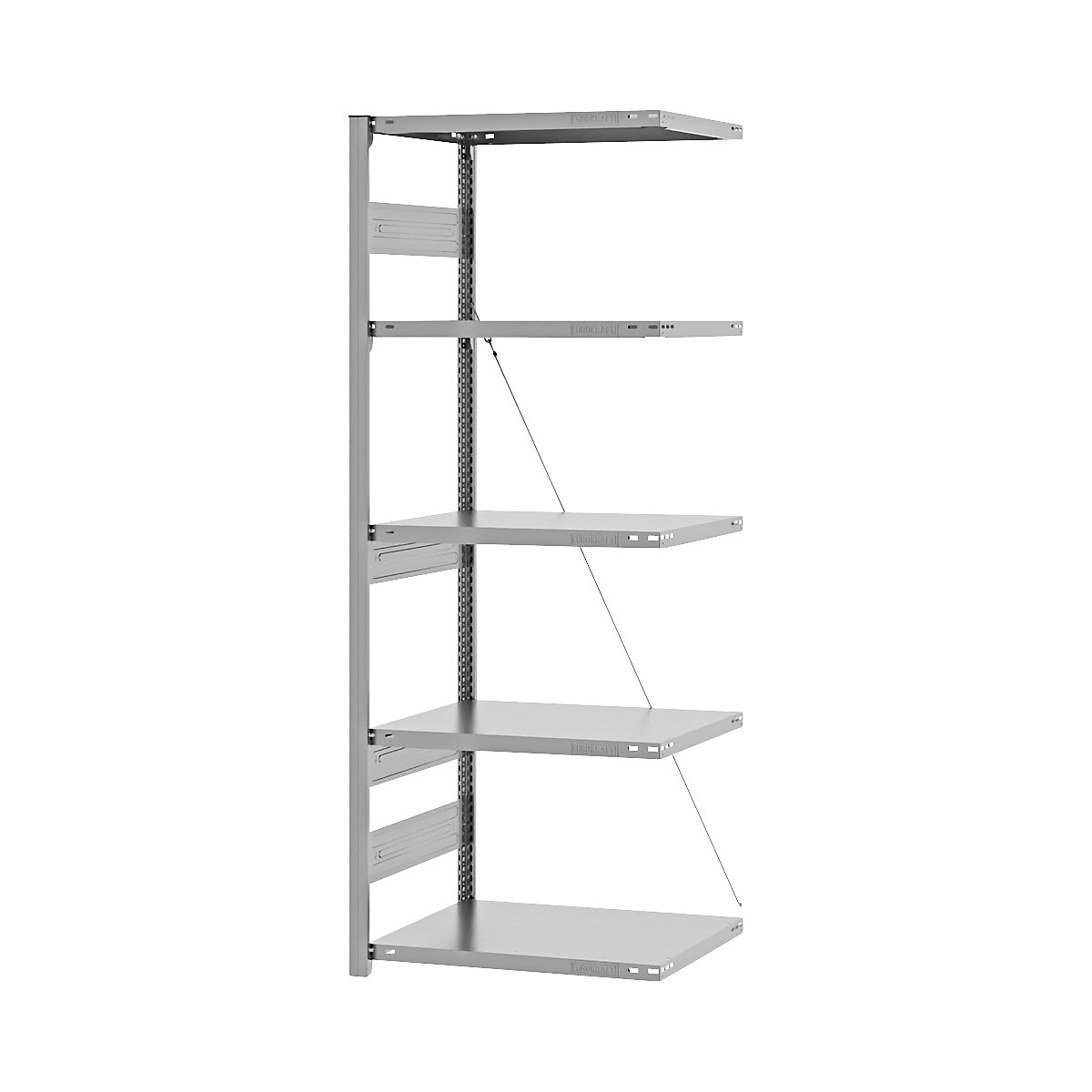 Heavy duty boltless shelving unit – eurokraft pro, single-sided, HxWxD 2000 x 750 x 500 mm, zinc plated, extension shelf unit-130