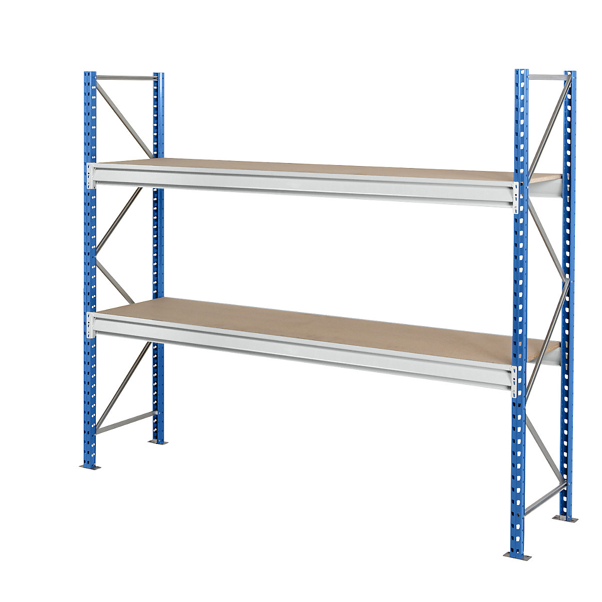 Heavy duty wide span shelving with moulded chipboard shelf panels – Manorga