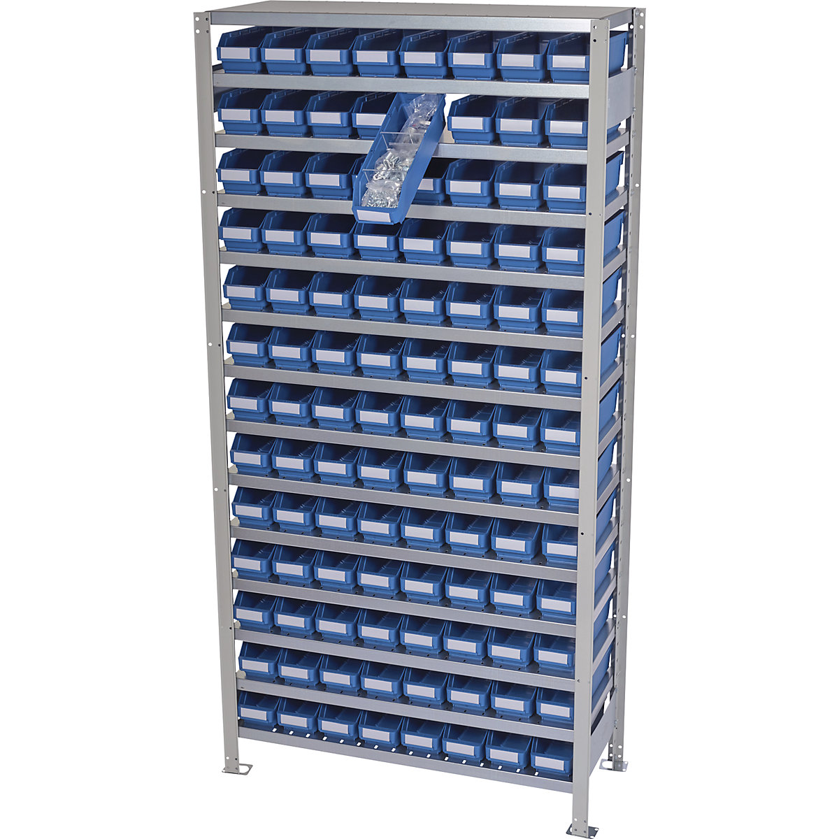 Boltless shelving unit with shelf bins – STEMO, shelf height 2100 mm, basic shelf unit, depth 400 mm, 104 blue bins-32