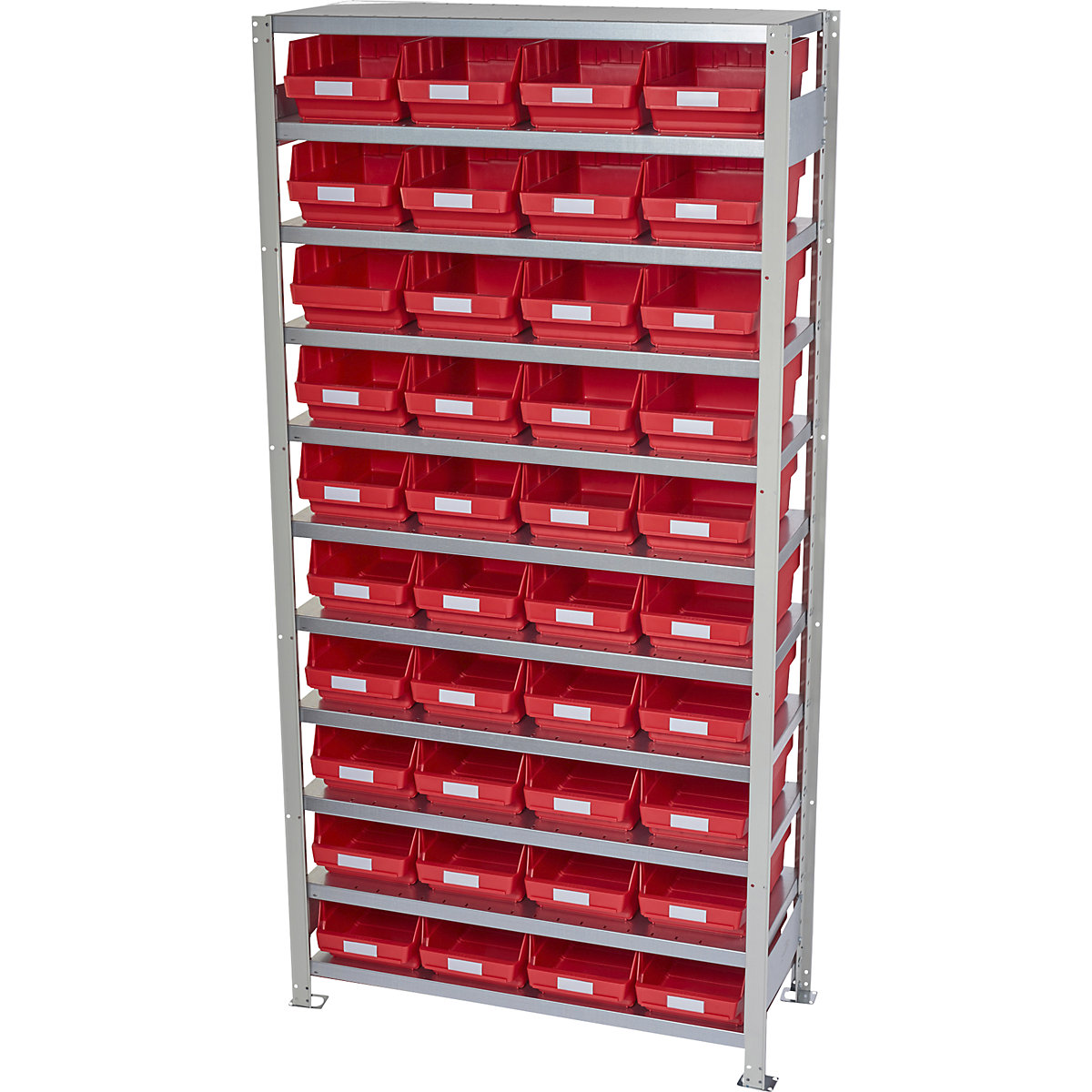 Boltless shelving unit with shelf bins – STEMO, shelf height 2100 mm, basic shelf unit, depth 400 mm, 40 red bins-12