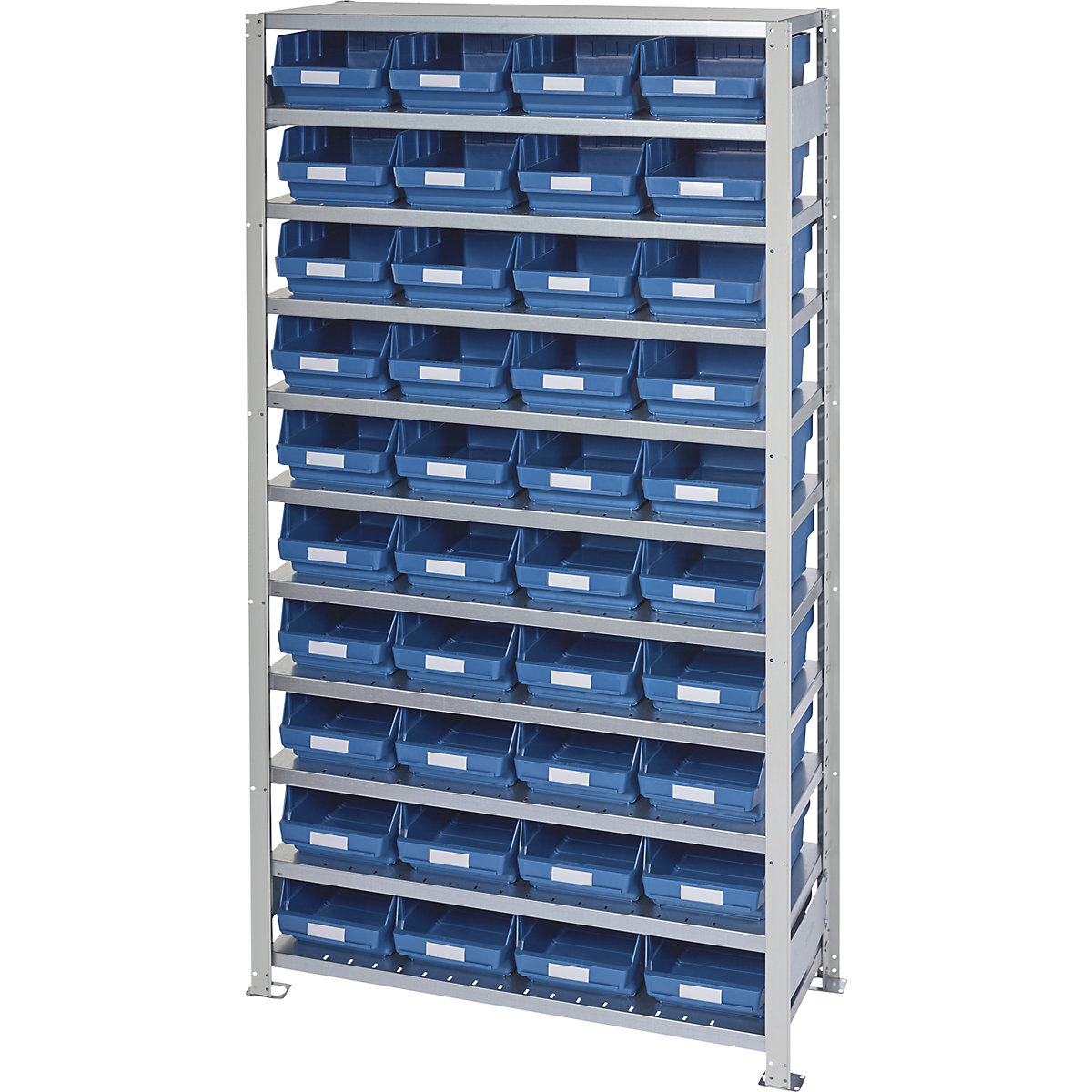 Boltless shelving unit with shelf bins – STEMO, shelf height 2100 mm, basic shelf unit, depth 400 mm, 40 blue bins-28