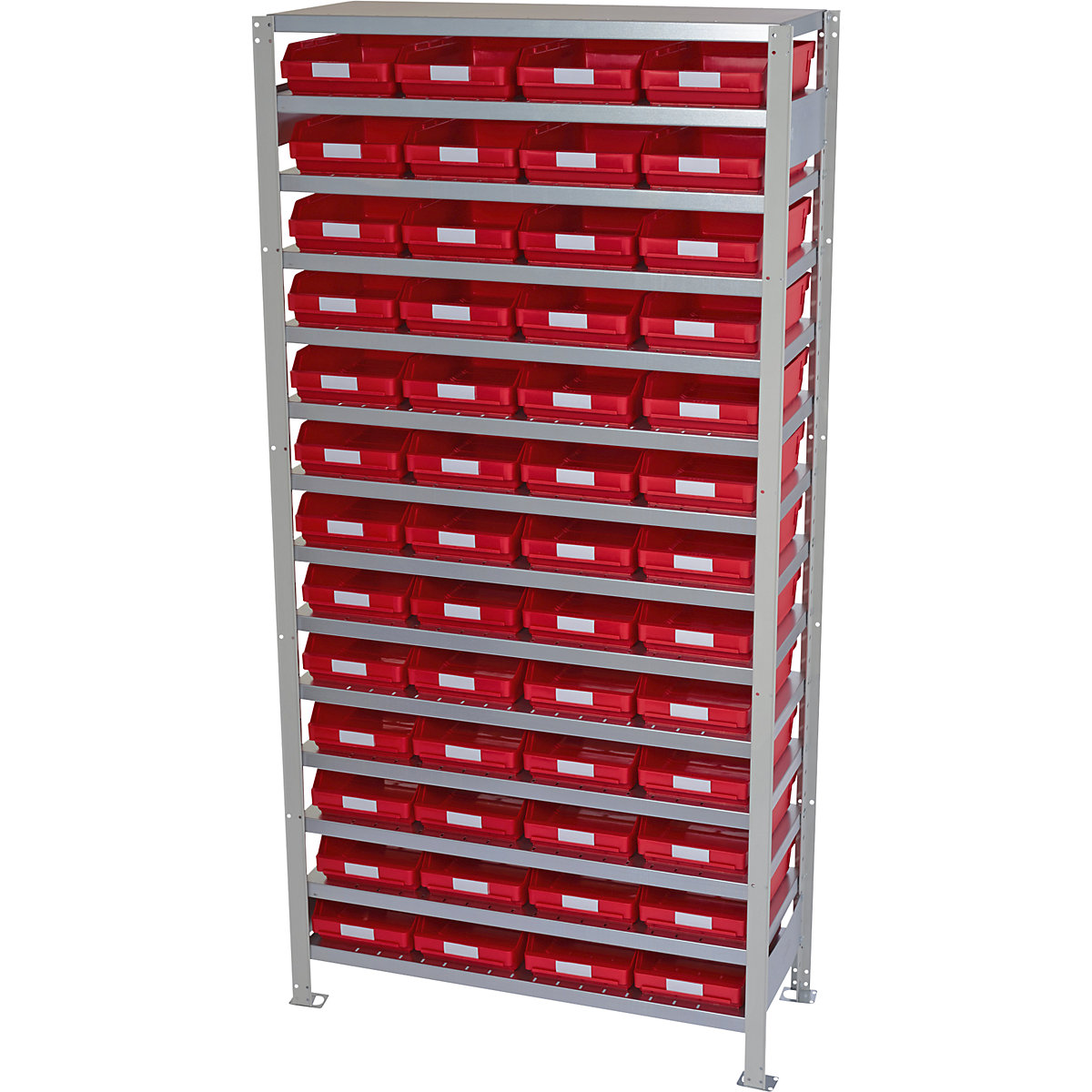 Boltless shelving unit with shelf bins – STEMO, shelf height 2100 mm, basic shelf unit, depth 500 mm, 52 red bins-25