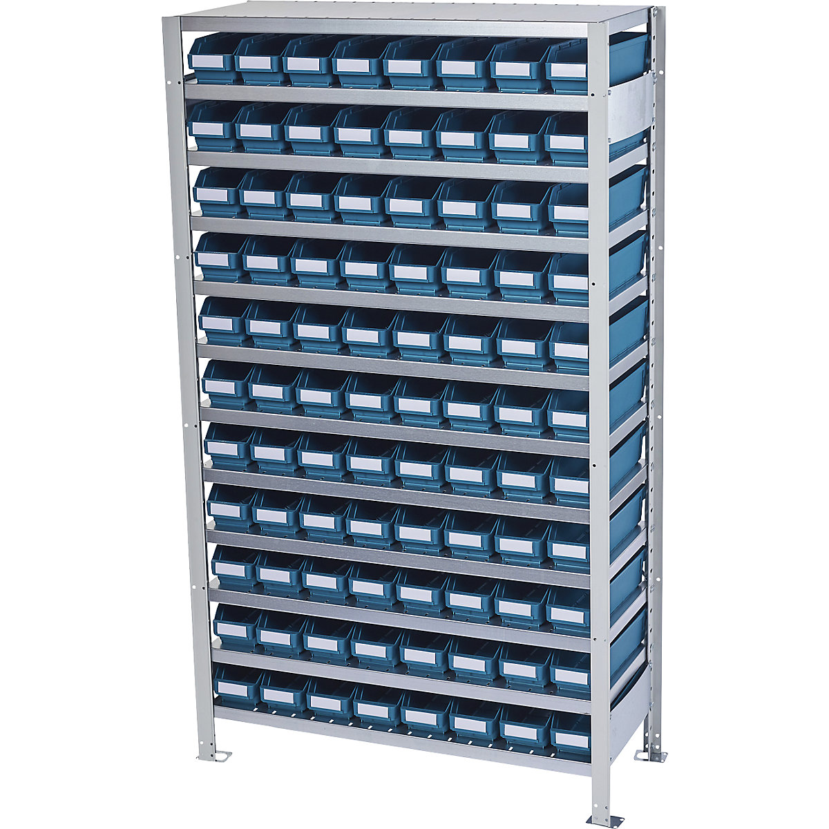 Boltless shelving unit with shelf bins – STEMO, shelf unit height 1790 mm, basic shelf unit, depth 300 mm, 88 green bins-6