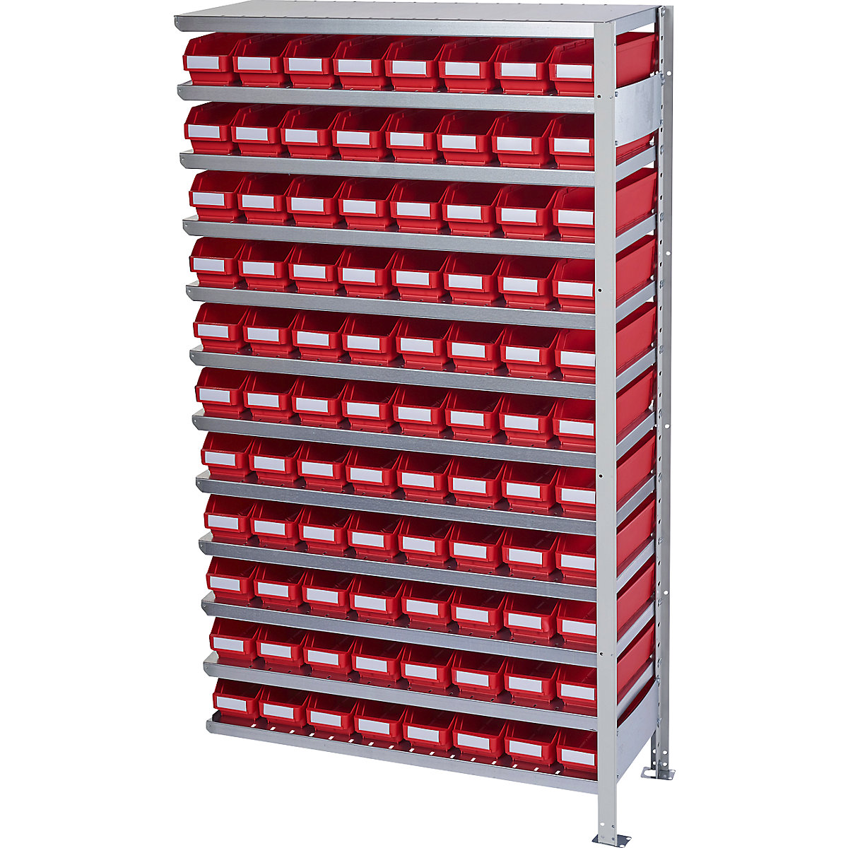 Boltless shelving unit with shelf bins – STEMO, shelf unit height 1790 mm, extension shelf unit, depth 300 mm, 88 red bins-12