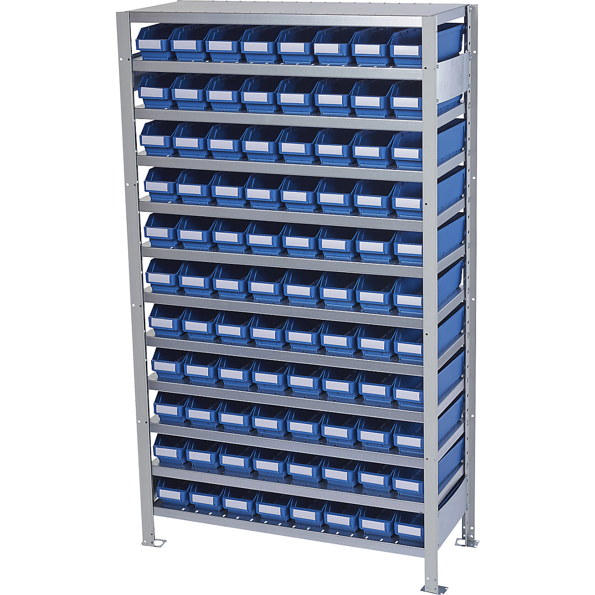 Boltless shelving unit with shelf bins – STEMO, shelf unit height 1790 mm, basic shelf unit, depth 400 mm, 88 blue bins-10