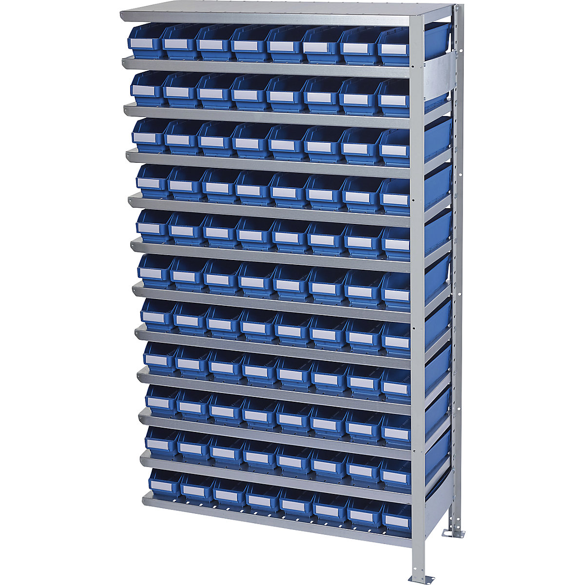 Boltless shelving unit with shelf bins – STEMO, shelf unit height 1790 mm, extension shelf unit, depth 400 mm, 88 blue bins-1