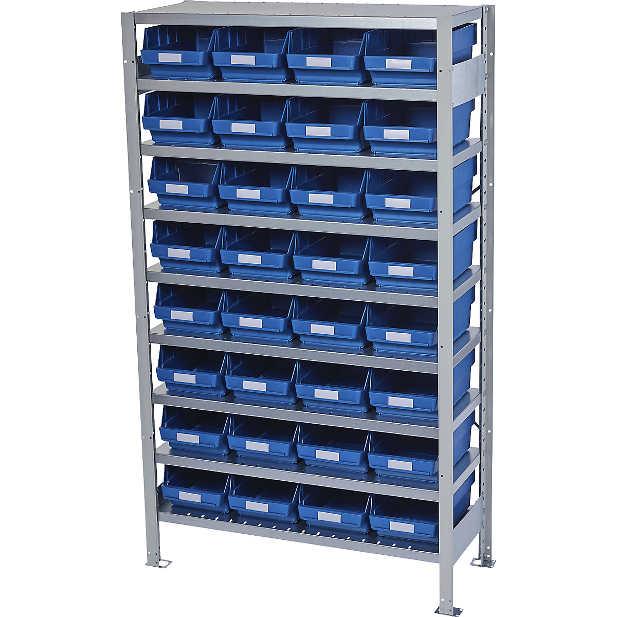 Boltless shelving unit with shelf bins – STEMO, shelf unit height 1790 mm, basic shelf unit, depth 400 mm, 32 blue bins-29