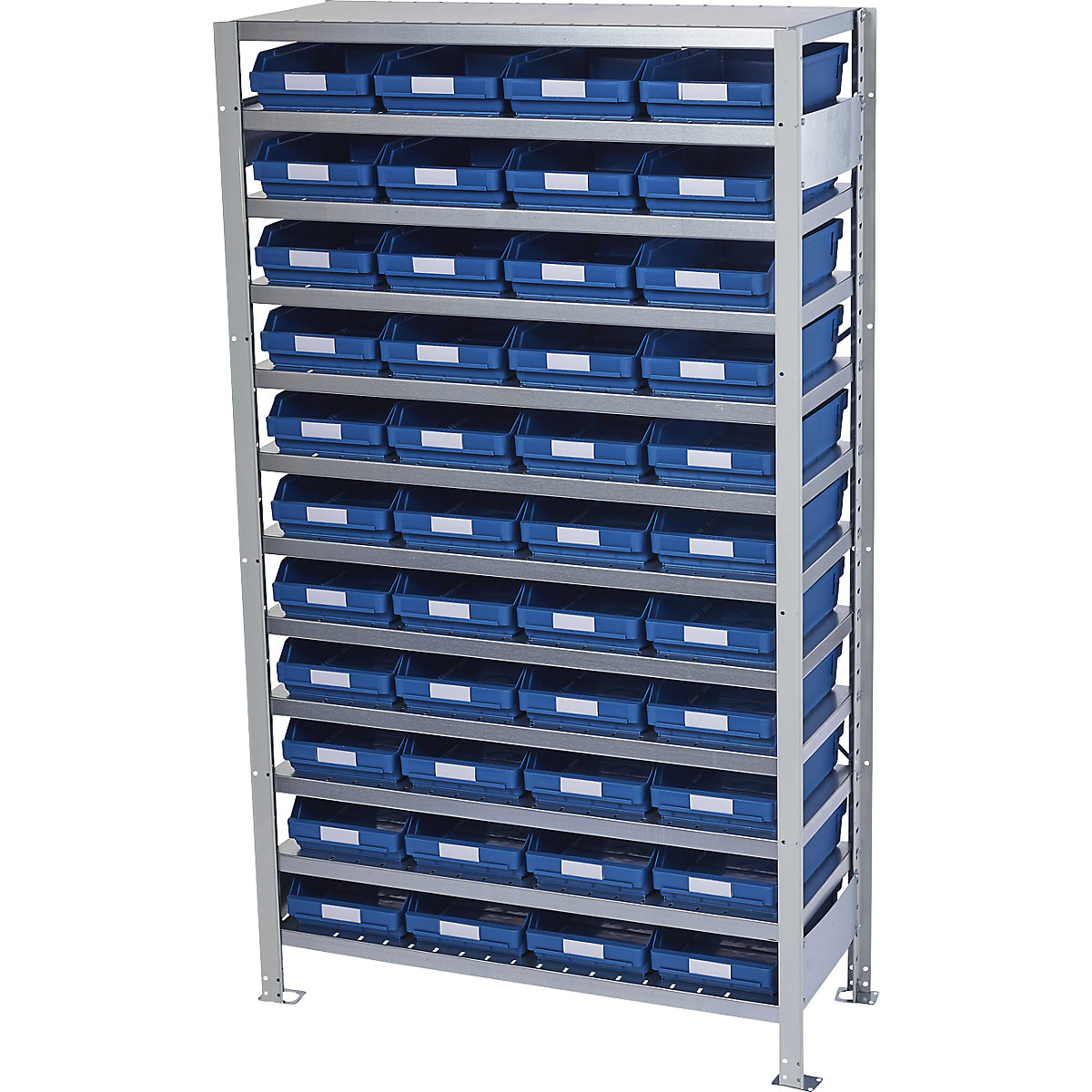 Boltless shelving unit with shelf bins – STEMO, shelf unit height 1790 mm, basic shelf unit, depth 500 mm, 44 blue bins-31