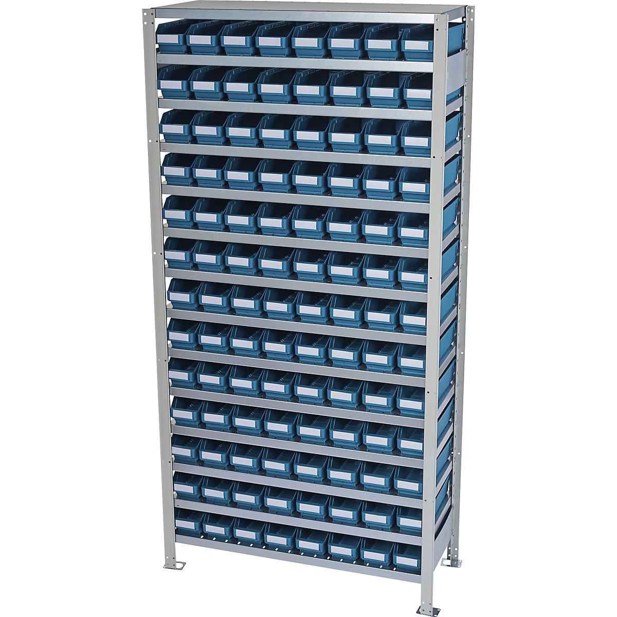 Boltless shelving unit with shelf bins – STEMO, shelf height 2100 mm, basic shelf unit, depth 300 mm, 104 green bins-22