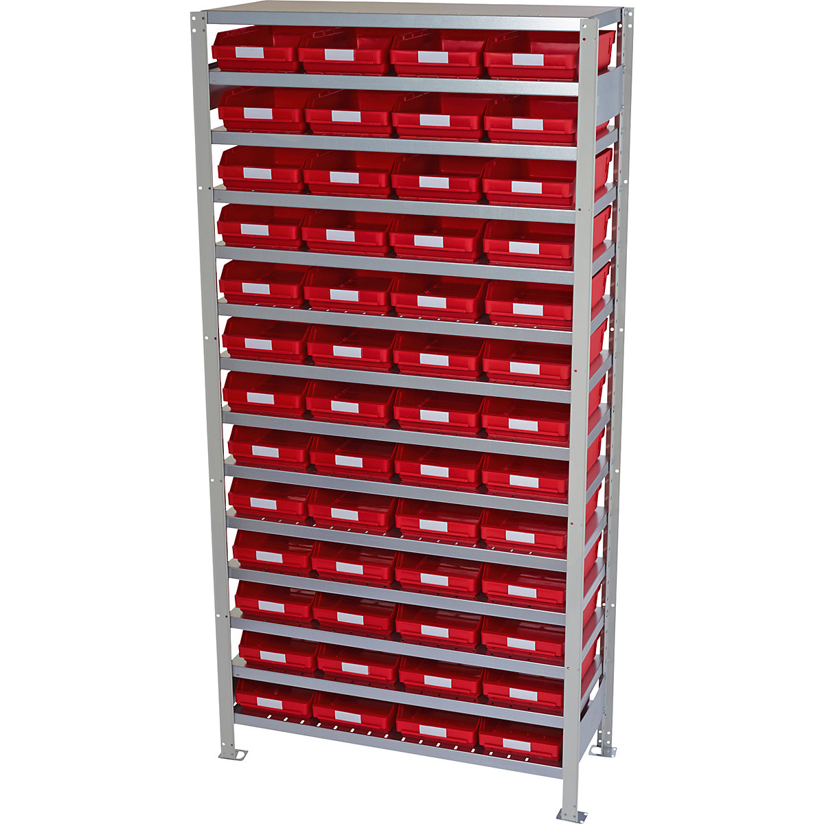 Boltless shelving unit with shelf bins – STEMO, shelf height 2100 mm, basic shelf unit, depth 300 mm, 52 red bins-21
