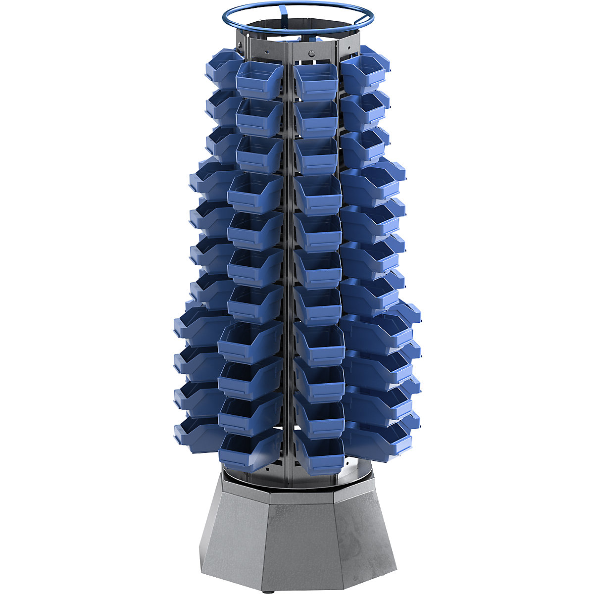 Revolving stand with 88 open fronted storage bins