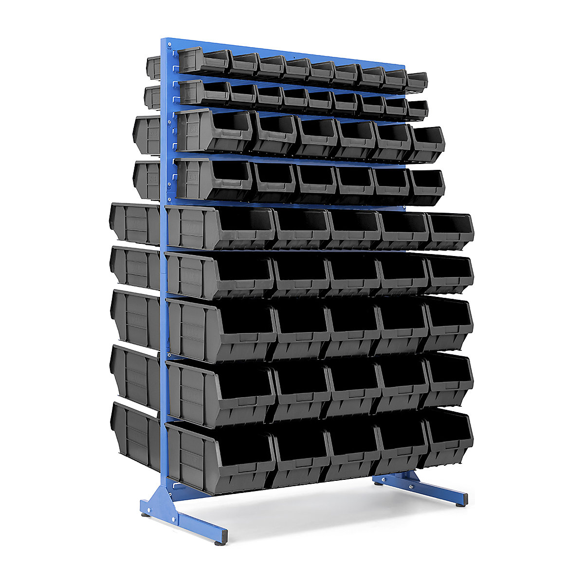 BiGDUG Louvre Panel Bin Station with Plastic Parts Bins | Mobile & Static, BiGDUG Louvre Panel Bin Station with Plastic Parts Bins | Mobile & Static, BiGDUG Louvre Panel Bin Station | Double Sided | 1570h x 1000w x 720d mm with 30x XL5, 20x XL4, 24x XL3, 36x XL2 Black Bins-2