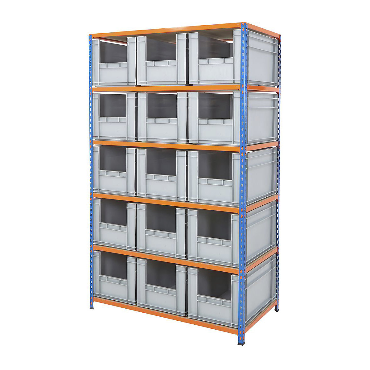 BiG200 & BiG340 Euro Pick Bin Shelving Kits, BiG200 & BiG340 Euro Pick Bin Shelving Kits, BiG340 Euro Stacking Pick Bin Kit | 1980h x 1220w x 610d mm | 200kg UDL | Blue & Orange Shelving | 15x Grey Bins-1