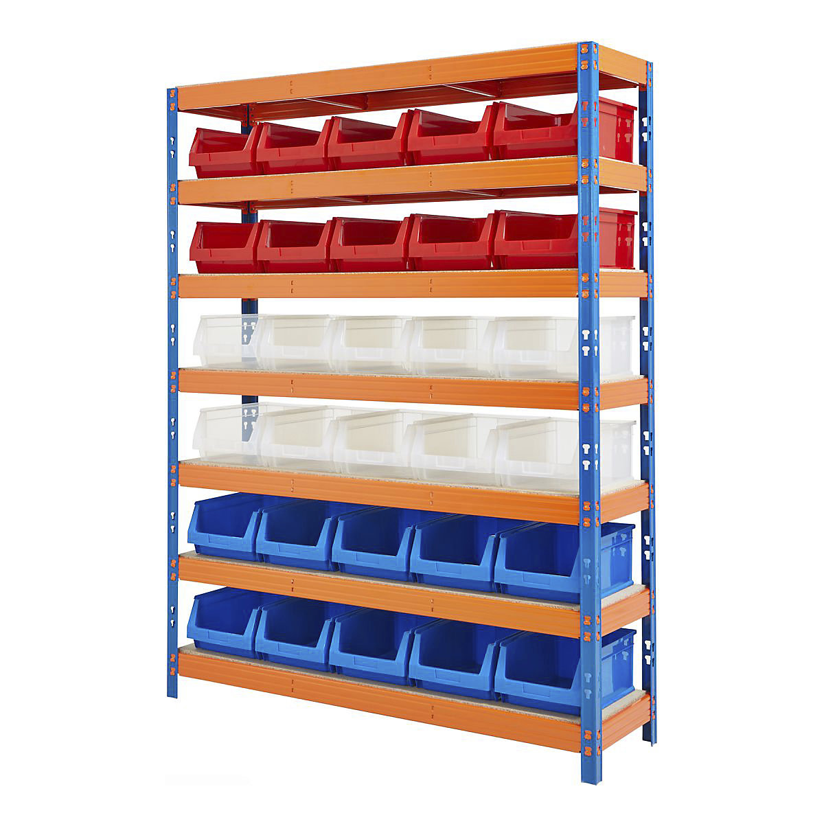 BiG400 Racking With Plastic Bins, BiG400 Racking With Plastic Bins, BiG400 Bin Kit | 1980h X 1525w X 455d mm | with 30x B56 Mixed Colour Bins | 400kg UDL | Blue & Orange-2