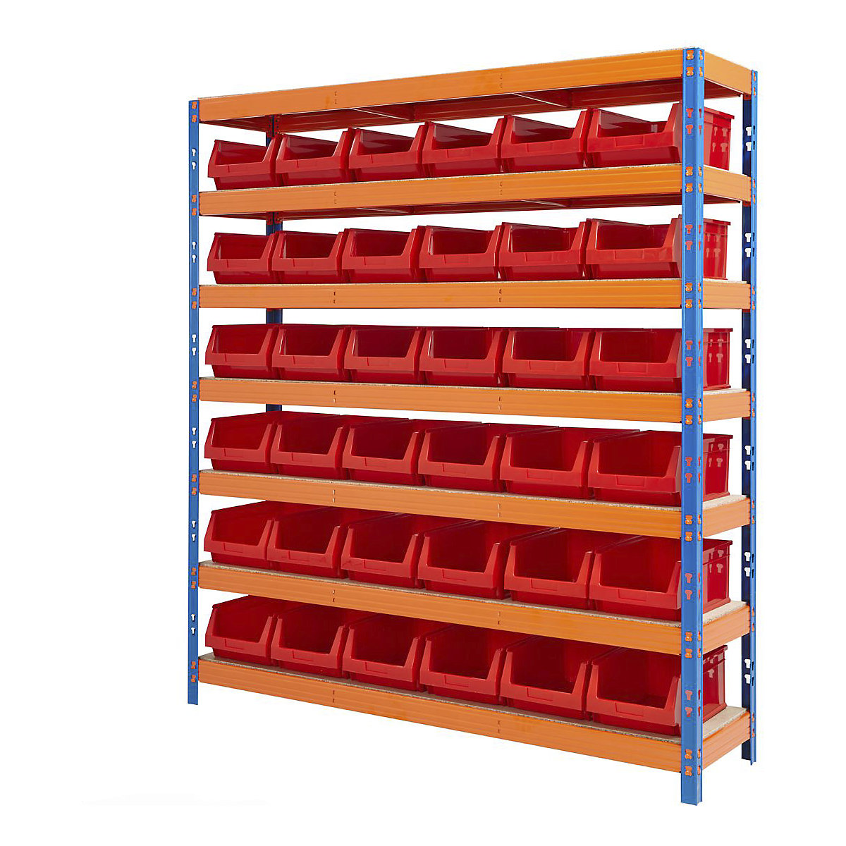 BiG400 Racking With Plastic Bins, BiG400 Racking With Plastic Bins, BiG400 Bin Kit | 1980h X 1830w X 455d mm | with 36x B56 Red Bins | 400kg UDL | Blue & Orange-11
