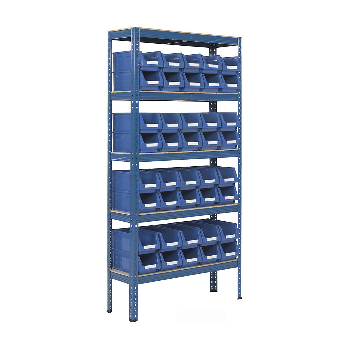 BiGDUG Essentials Shelving with Plastic Parts Bin Kit, BiGDUG Essentials Shelving with Plastic Parts Bin Kit, BiGDUG Essentials Shelving Unit | 1780h x 900w x 300d mm | 5 Levels | Blue | 265kg UDL with 40x B53 Clear Bins | 130h x 160w x 336d mm-5