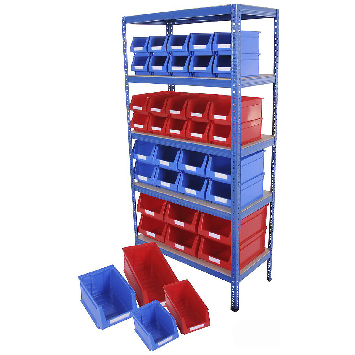 BiGDUG Essentials Shelving with Plastic Parts Bin Kit, BiGDUG Essentials Shelving with Plastic Parts Bin Kit, BiGDUG Essentials Shelving Unit | 1780h x 900w x 450d mm | 5 Levels | Blue | 265kg UDL with 6x B56 Red, 8x B54 Blue, 10x B53 Red & 10x B52 Blue Bins-9