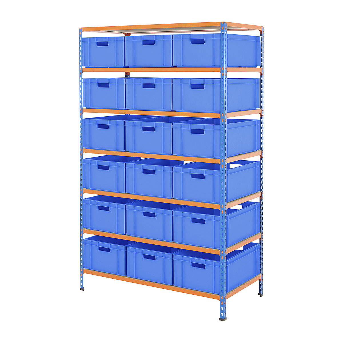 BiG340 Shelving Kit With Euro Boxes, BiG340 Shelving Kit With Euro Boxes, BiG340 Shelving | 1980h x 1220w x 610d mm | with 18x 42 Litre Blue Euro Containers | 230h x 400w x 600d mm | 200kg UDL | Blue & Orange-6