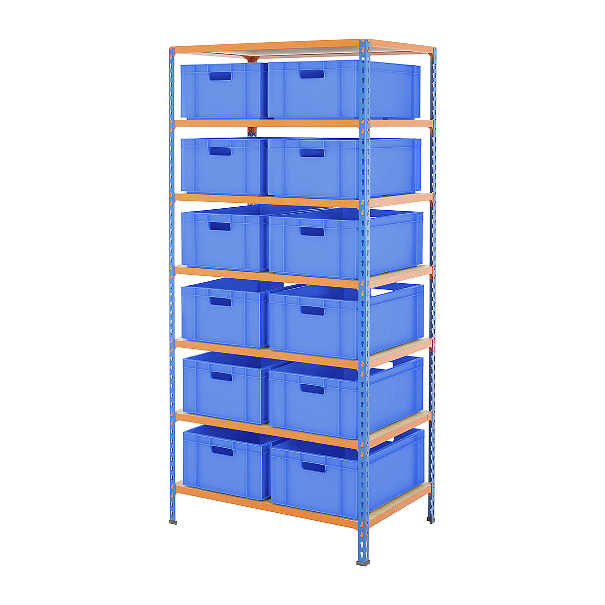 BiG340 Shelving Kit With Euro Boxes, BiG340 Shelving Kit With Euro Boxes, BiG340 Shelving | 1980h x 915w x 610d mm | with 12x 42 Litre Blue Euro Containers | 230h x 400w x 600d mm | 340kg UDL | Blue & Orange-13