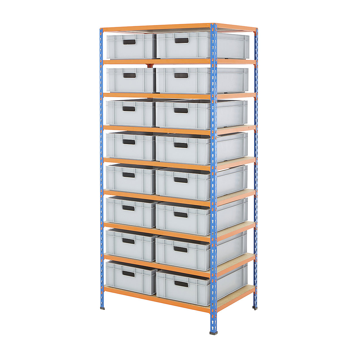 BiG340 Shelving Kit With Euro Boxes, BiG340 Shelving Kit With Euro Boxes, BiG340 Shelving | 1980h x 915w x 610d mm | with 16x 30 Litre Euro Containers | 175h x 400w x 600d Mm | 340kg UDL | Blue & Orange-7