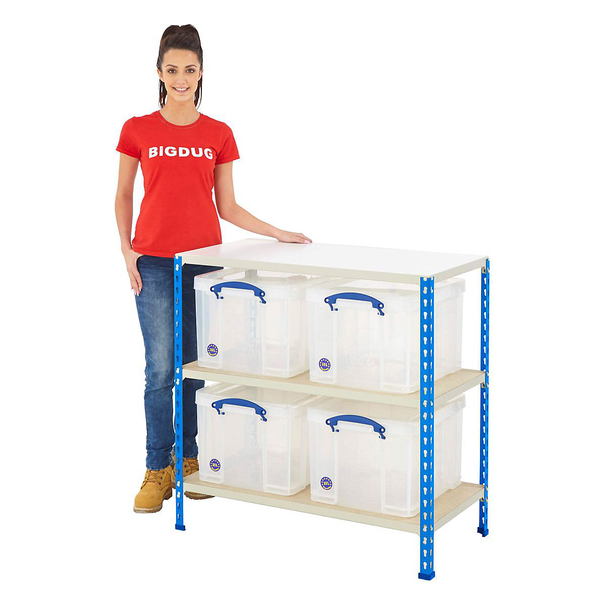 BiG340 Shelving With Really Useful Boxes, BiG340 Shelving With Really Useful Boxes, BiG340 Shelving | 915h x 915w x 455d mm | 3 Levels | Grey | 340kg UDL with 4 x 35 Litre Clear Really Useful Boxes-14