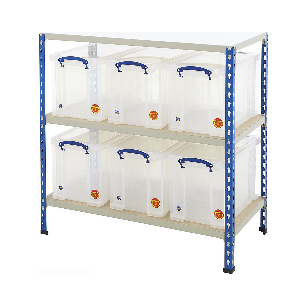 BiG340 Shelving With Really Useful Boxes, BiG340 Shelving With Really Useful Boxes, BiG340 Shelving | 915h x 915w x 455d mm | 3 Levels | Blue & Grey | 340kg UDL With 6 x 24 Litre Clear Really Useful Boxes-8