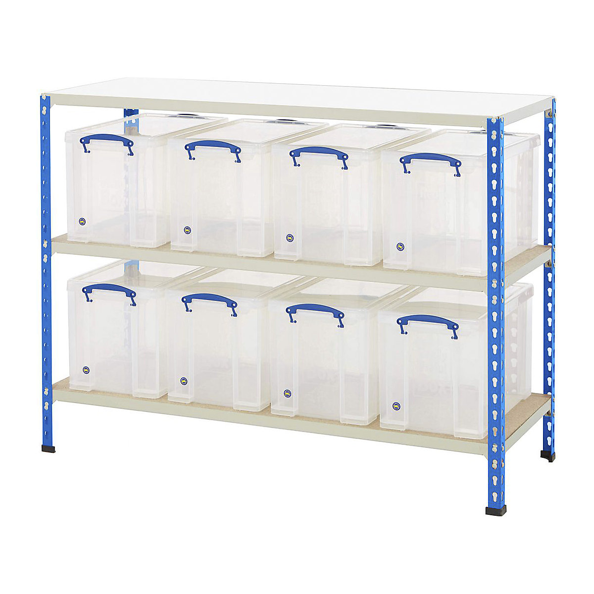 BiG340 Shelving With Really Useful Boxes, BiG340 Shelving With Really Useful Boxes, BiG340 Shelving | 915h x 1220w x 455d mm | 3 Levels | Blue & Grey | 200kg UDL with 8 x 24 Litre Clear Really Useful Boxes-5