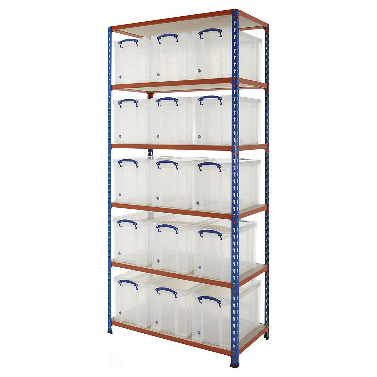 BiG340 Shelving With Really Useful Boxes, BiG340 Shelving With Really Useful Boxes, BiG340 Shelving | 1980h x 915w x 455d mm | 6 Levels | Blue & Grey | 340kg UDL with 15 x 24 Litre Clear Really Useful Boxes-6