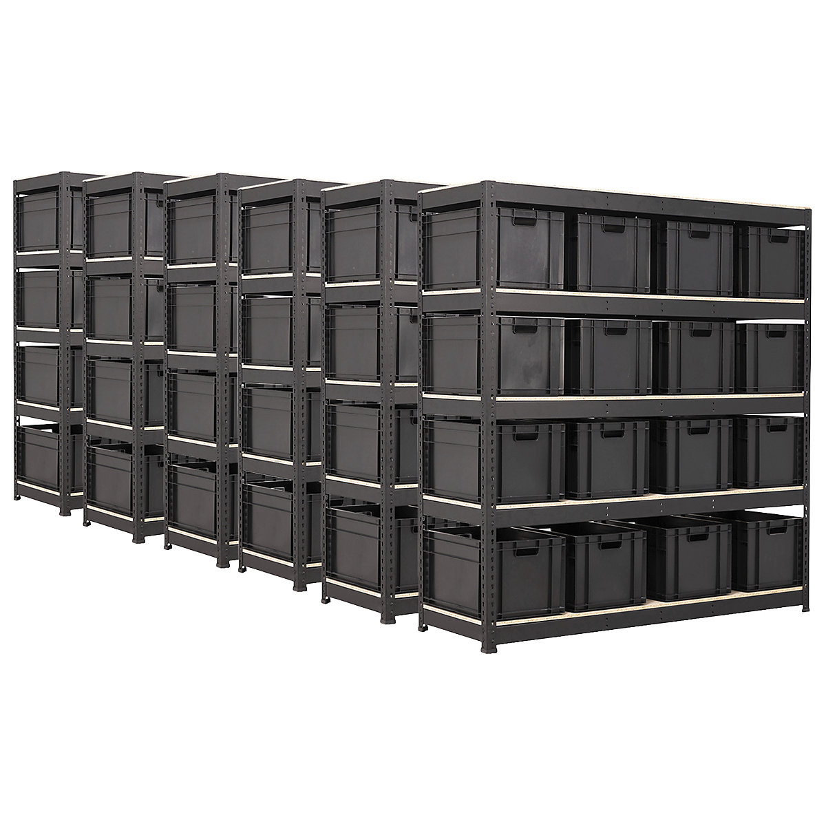 BiG400 Matt Black Racking Storage Kit Mega Deal | Euro & Wham Bam, BiG400 Matt Black Racking Storage Kit Mega Deal | Euro & Wham Bam, BiG400 Matt Black Racking Storage Kit Mega Deal | 1980h x 1830w x 610d mm | 5 Levels | 375kg UDL | 16x 62 Litre Recycled Euro Stacking Boxes | 6x Bay Shelving Kit-2