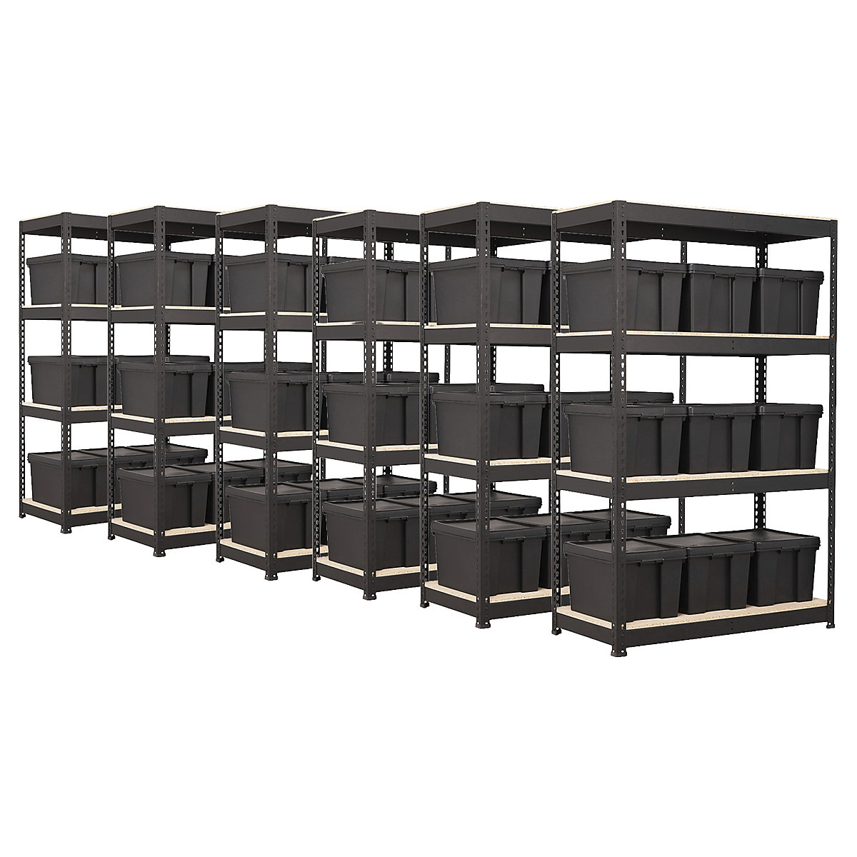 BiG400 Matt Black Racking Storage Kit Mega Deal | Euro & Wham Bam, BiG400 Matt Black Racking Storage Kit Mega Deal | Euro & Wham Bam, BiG400 Matt Black Racking Storage Kit Mega Deal | 1980h x 1220w x 610d mm | 4 Levels | 400kg UDL | 9x 45 Litre Wham Bam Heavy-Duty Boxes | 6x Bay Shelving Kit-5